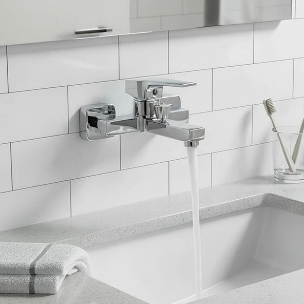 Banyo Bataryası Krom Kaplama Paslanmaz Gövde Seramik Kartuşlu Su Tasarruflu Duvar Tipi Musluk - Resim 5