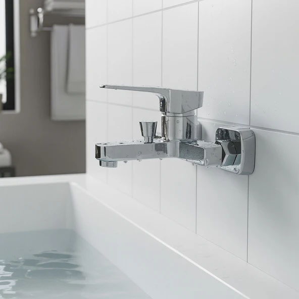 Banyo Bataryası Krom Kaplama Paslanmaz Gövde Seramik Kartuşlu Su Tasarruflu Duvar Tipi Musluk - Resim 2