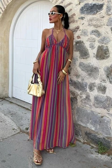 Askılı Pile Detaylı Renkli Maxi Elbise 2748 ürün görseli