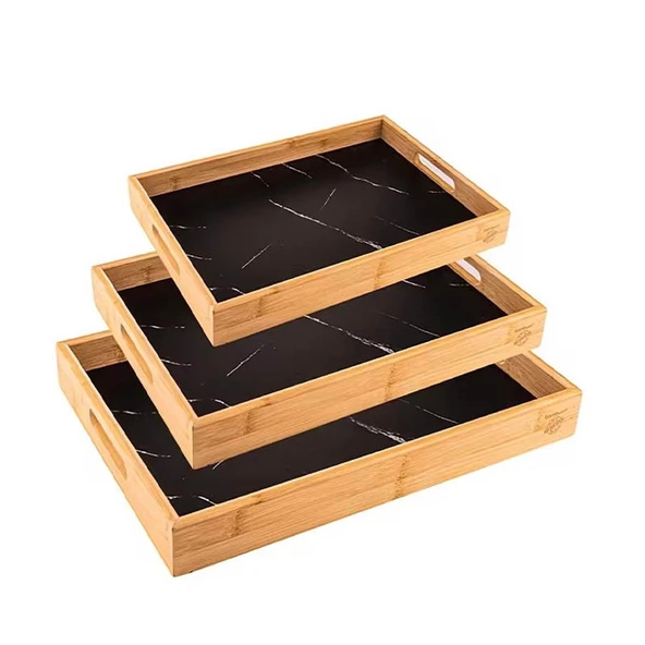 Bambum Marbella 3'lü Mermer Desen Tepsi Siyah - Resim 4