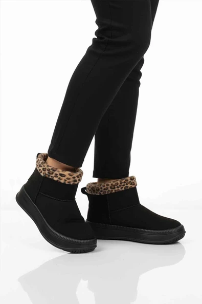 Ayakmod Siyah Leopar Kürklü Soğuğa Dirençli Kaymaz Kadın Bot 25001 Z ürün görseli