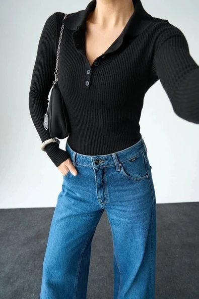 Polo Yaka 6 Düğmeli Kazak  Siyah - Resim 4