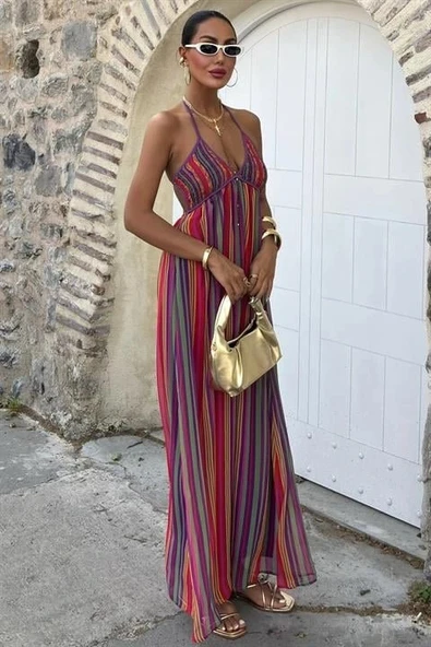 Askılı Pile Detaylı Renkli Maxi Elbise 2748 - Resim 8