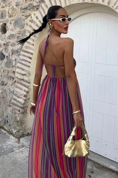 Askılı Pile Detaylı Renkli Maxi Elbise 2748 - Resim 2