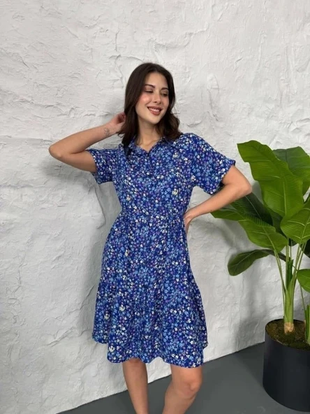 Baskılı Keten Elbise  LacivertBeyaz ürün görseli