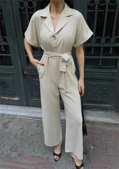 KETEN TULU BEL BAĞLAA DETAYLI  Krem - Resim 4