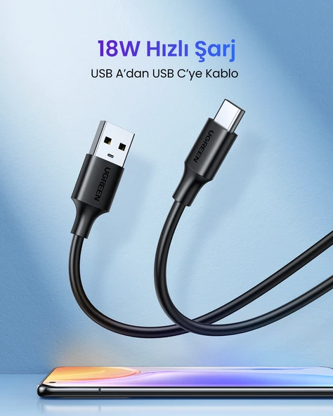 UGREEN USB-C to USB-A 3A QC Hızlı Şarj Kablosu, 0,25 Metre, Siyah, 60114 - Resim 2