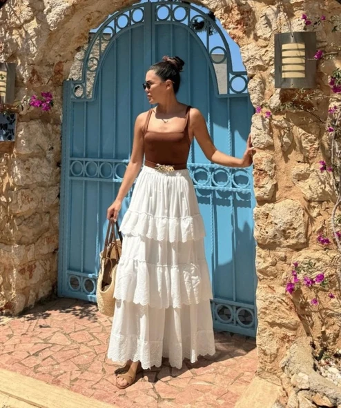 Katlı Pileli Etek  Ekru - Resim 2