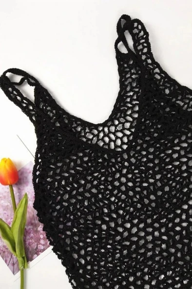 Kadın File Desen Tam Boy Askılı Triko Pareo - Resim 4