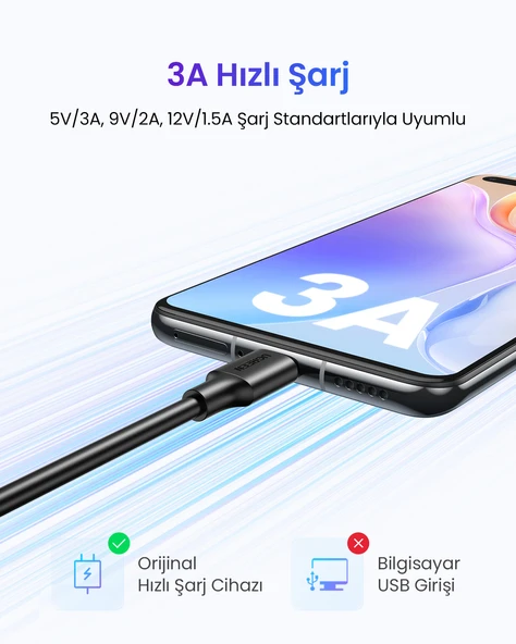 UGREEN USB-C to USB-A 3A QC Hızlı Şarj Kablosu, 0,25 Metre, Siyah, 60114 - Resim 3