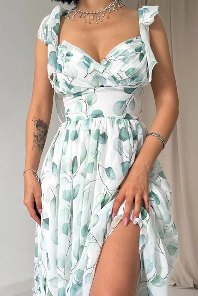 Yeşil Şifon Drapeli Elbise - Resim 3