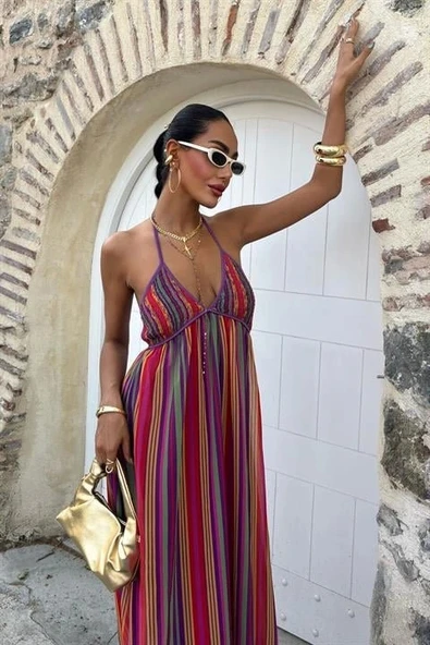 Askılı Pile Detaylı Renkli Maxi Elbise 2748 - Resim 5