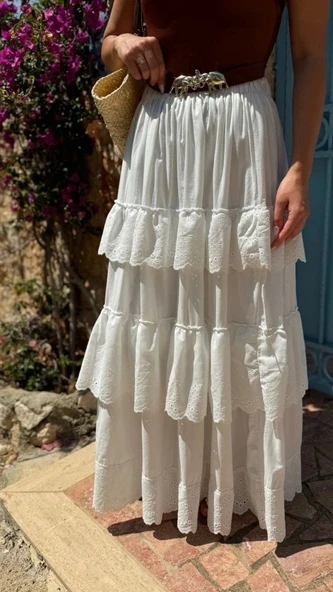 Katlı Pileli Etek  Ekru - Resim 4