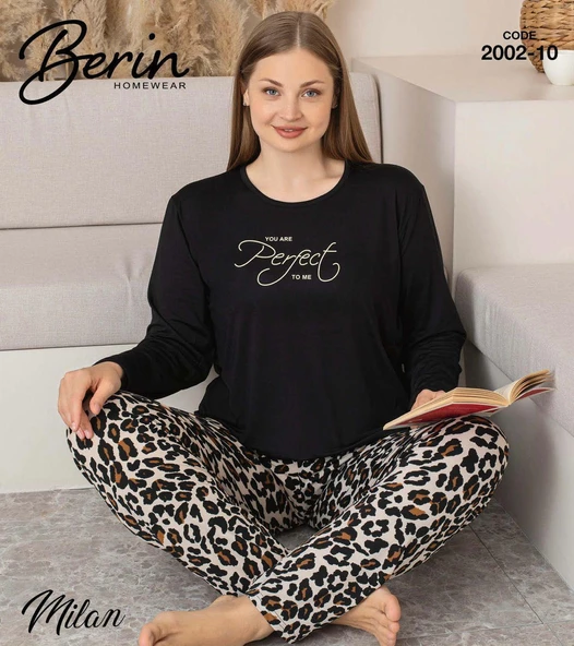 Berin Kadın Battal Viskon Milan Kumaş Mevsimlik Uzun Kol Pijama Takımı 2002 - Resim 3