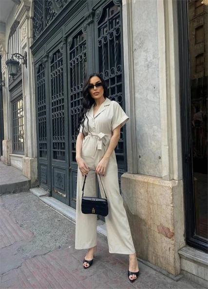 KETEN TULU BEL BAĞLAA DETAYLI  Krem - Resim 3