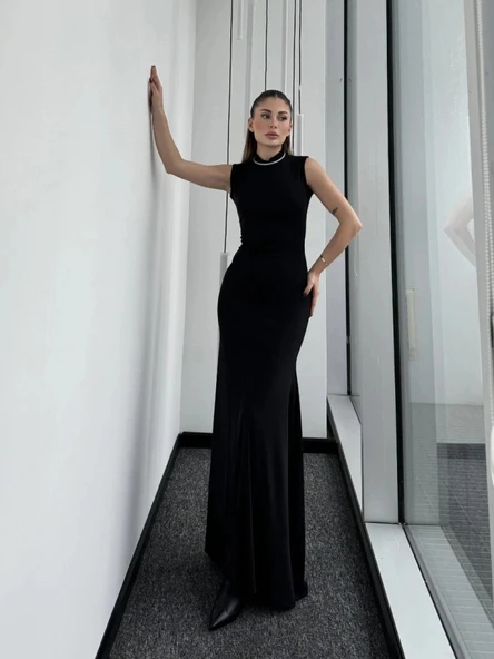 Kolsuz Yarım Bogazlı Uzun Elbise iyah - Resim 4