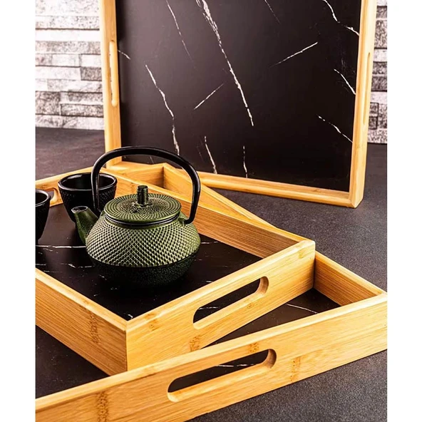 Bambum Marbella 3'lü Mermer Desen Tepsi Siyah ürün görseli