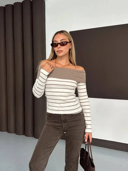 Çizgili madonna yaka kaşkorse bluz bej a844 - Resim 2