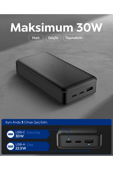 Spigen Essential 30000 mAh 30W USB-C + USB-A Giriş / Çıkış Hızlı Şarj 3 Portlu Powerbank Siyah ABA09435 - Resim 2