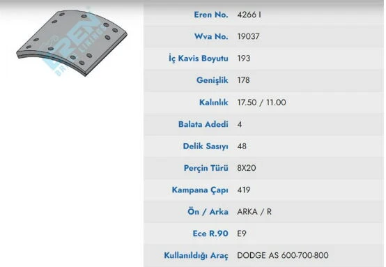 KAMPANA BALATA DODGE AS 600 - 700 - 800 -900 DINGI 19036 ürün görseli
