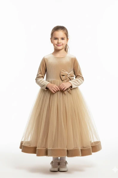 Kız Çocuk Kadife Elbise-Tül Detaylı-Fiyonk Süslemeli 7-12 Yaş 12441 - Resim 3