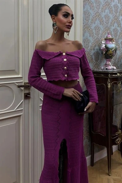 Madonna Yaka Derin Yırtmaç Etekli Şık Triko Takım 10099 - Resim 5