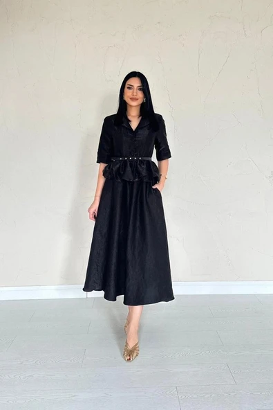 iyah İnce Kemerli Fırfırlı Ceket Ve Büzgülü Etek Takım - Resim 2