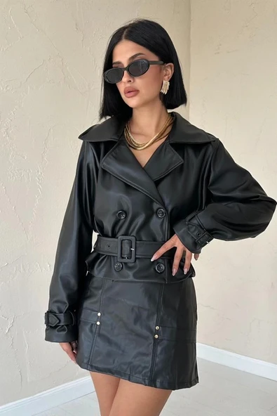 Siyah Kemerli Deri Ceket - Resim 3