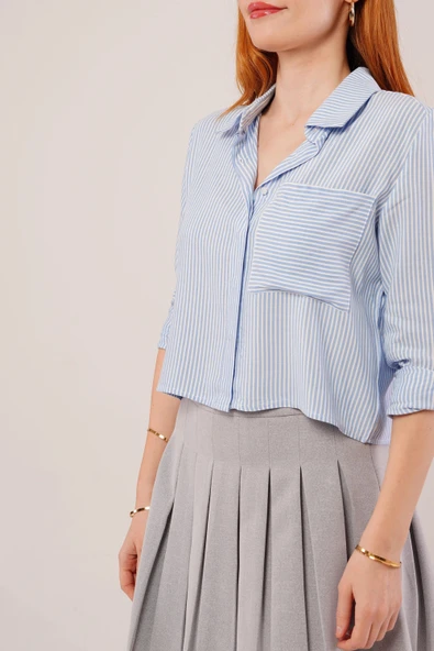 Tek Cep Çizgili Mavi Kısa Gömlek - Resim 4