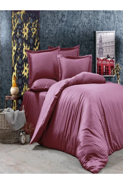 vionetta Çift Kişilik Lastikli Çarşaflı Mürdüm saten Nevresim Takımı ürün görseli