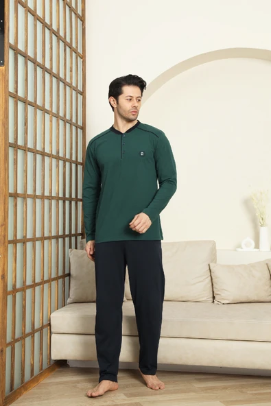 Erkek %100 Pamuklu Pijama Takımı-3 Düğmeli-12440 - Resim 4