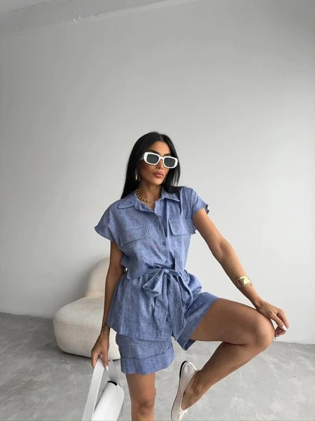 KETEN BAĞAAI KOSUZ GÖEK  DUBE PAÇA ŞORT TAKI  acivert - Resim 3