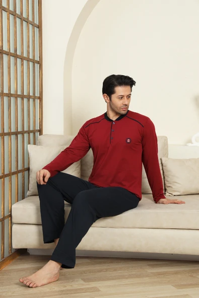 Erkek %100 Pamuklu Pijama Takımı-3 Düğmeli-12440 - Resim 9