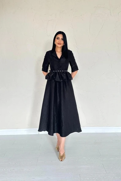 iyah İnce Kemerli Fırfırlı Ceket Ve Büzgülü Etek Takım - Resim 3