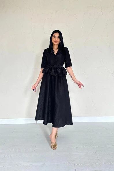 iyah İnce Kemerli Fırfırlı Ceket Ve Büzgülü Etek Takım ürün görseli