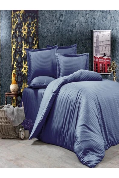 vionetta Tek Kişilik Lastikli Çarşaflı İndigoi Saten Nevresim Takımı ürün görseli
