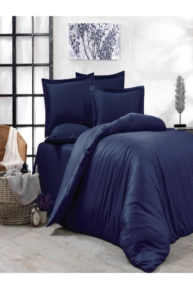 vionetta Çift Kişilik Lastikli Çarşaflı Lacivert Saten Nevresim Takımı ürün görseli