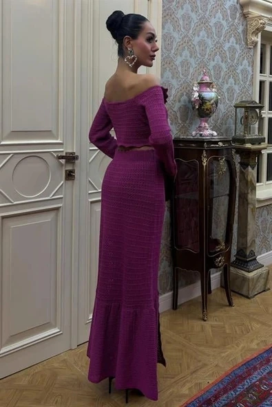 Madonna Yaka Derin Yırtmaç Etekli Şık Triko Takım 10099 - Resim 4