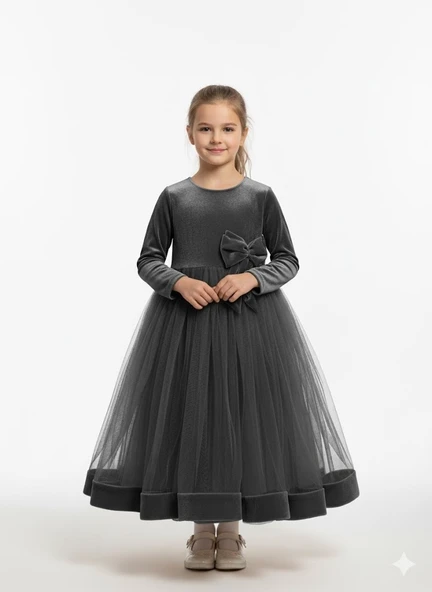 Kız Çocuk Kadife Elbise-Tül Detaylı-Fiyonk Süslemeli 7-12 Yaş 12441 - Resim 4