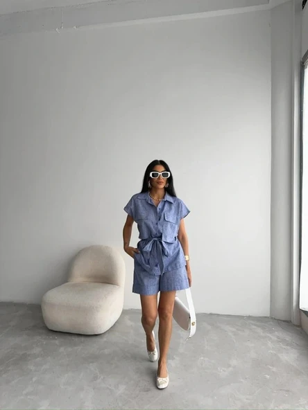 KETEN BAĞAAI KOSUZ GÖEK  DUBE PAÇA ŞORT TAKI  acivert ürün görseli 1