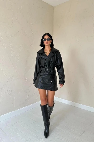 Siyah Kemerli Deri Ceket - Resim 2