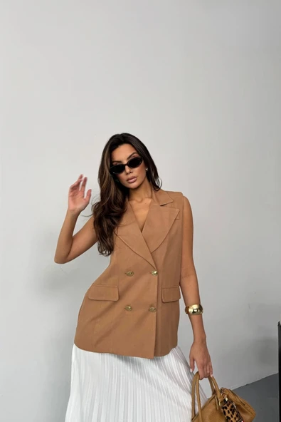 GOLD DÜĞELİ KETEN YELEK  Kahverengi - Resim 4