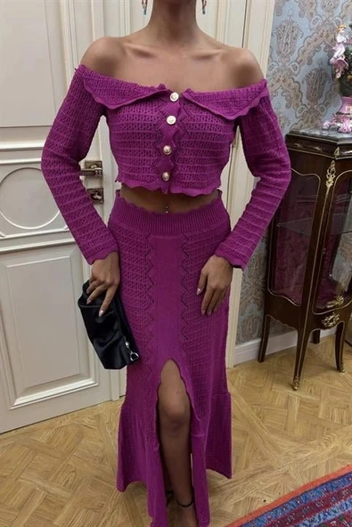 Madonna Yaka Derin Yırtmaç Etekli Şık Triko Takım 10099 - Resim 3