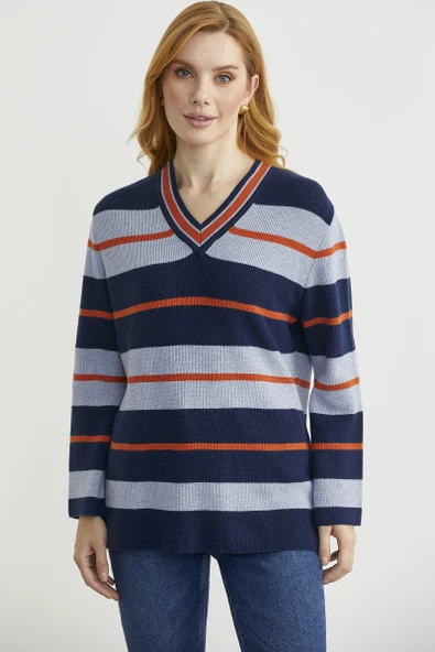 Çizgili V Yaka Triko Kazak - Lacivert - Resim 2