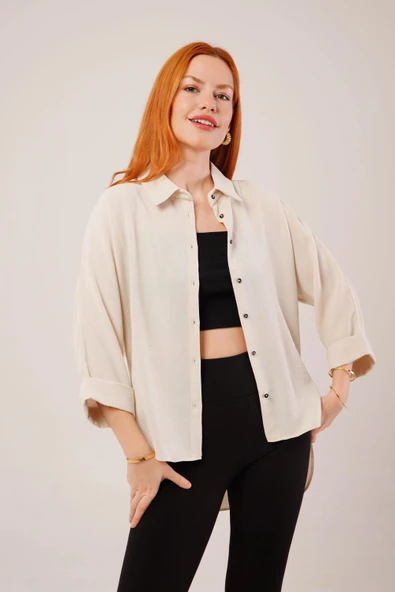 Kol Katlama Detaylı Bej Gömlek - Resim 3