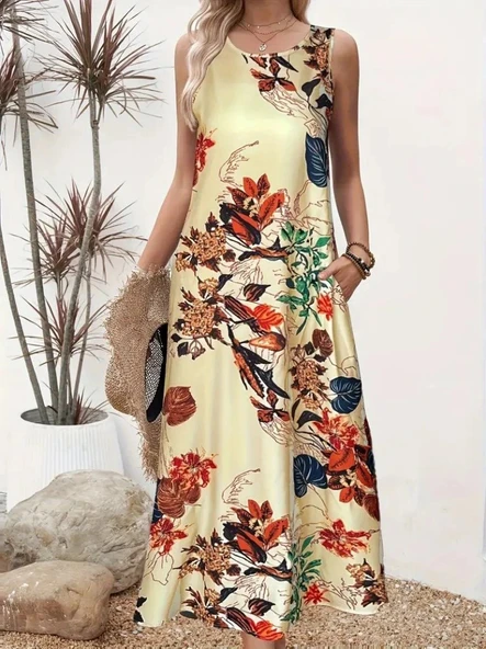 Kadın Askılı Yuvarlak Yaka Cepli Desenli Süprem Elbise - Resim 2