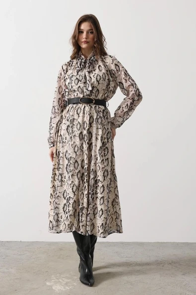 Yılan Desen Uzun Yaka Detaylı Elbise  Kremiyah - Resim 2