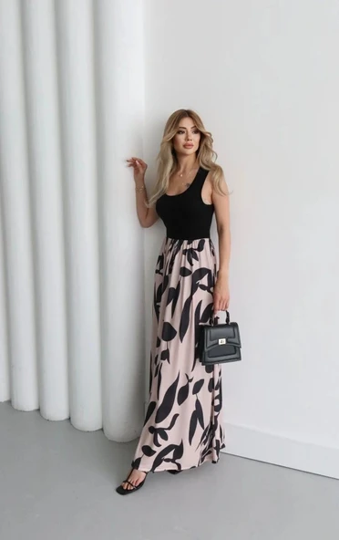 Kadın Askılı Yuvarlak Yaka üst Viskon Alt Desenli Uzun Süprem Elbise - Resim 3