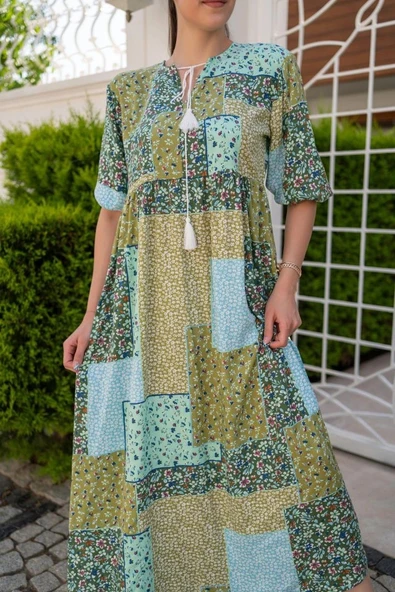 Yeşil alaş Desenli Elbise - Resim 3