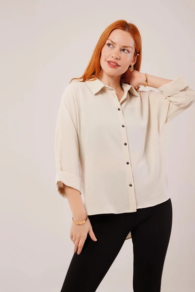 Kol Katlama Detaylı Bej Gömlek ürün görseli 1